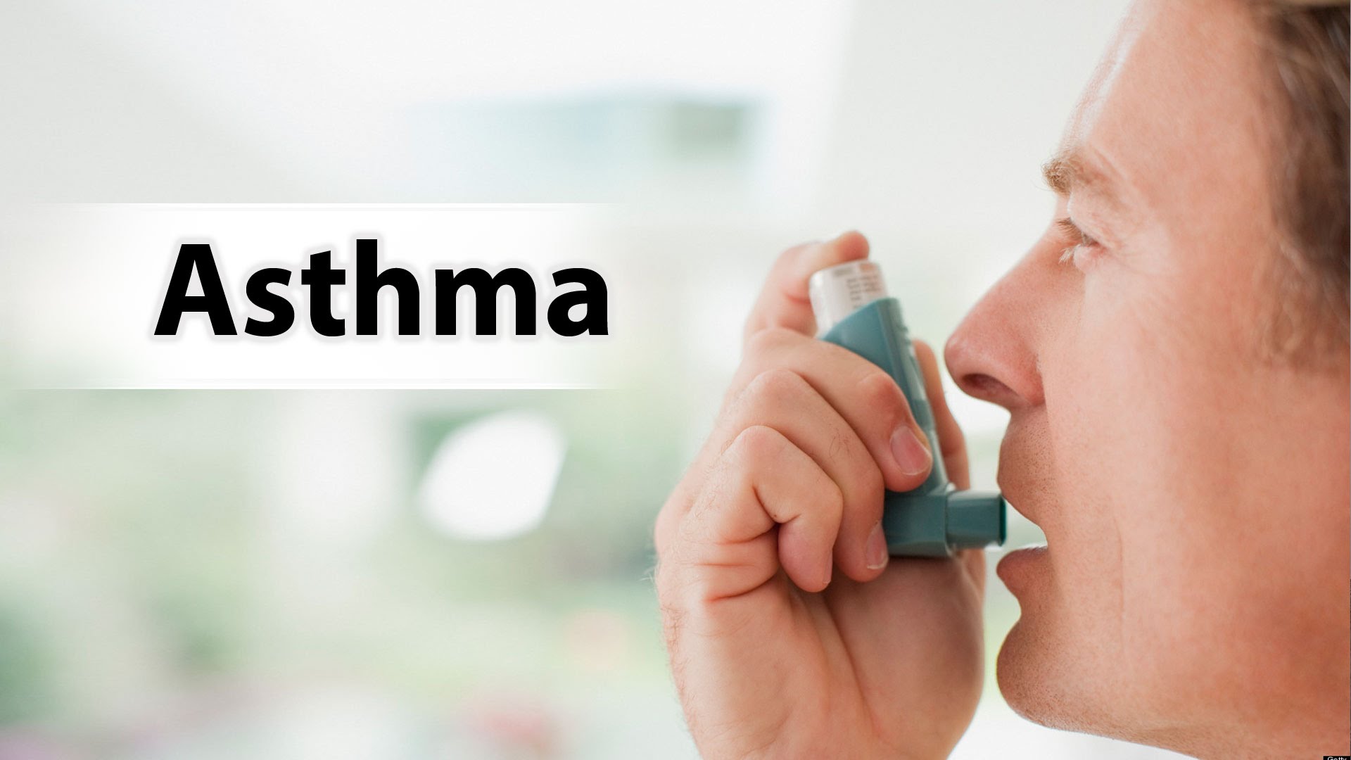 A person using an inhaler. The word 'asthma' is written on the left.